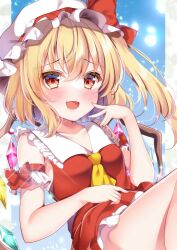 Rule 34 | 1girl, :d, ascot, blonde hair, blue background, blush, collarbone, commentary request, crystal, flandre scarlet, hat, hat ribbon, light particles, looking at viewer, medium hair, mob cap, one side up, open mouth, red eyes, red ribbon, red shirt, red skirt, ribbon, shirotsuki shirone, shirt, skirt, smile, solo, touhou, white hat, wings, yellow ascot