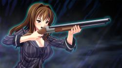 Rule 34 | 1girl, aotonbo, blush, breasts, brown hair, cleavage, female focus, formal, game cg, large breasts, long hair, looking away, ohanabatakerun, pink eyes, pointing, serious, simple background, solo, standing, striped, suit, upper body, weapon, xx of the dead
