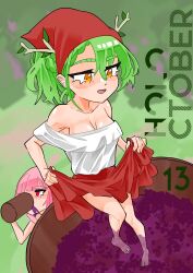 Rule 34 | absurdres, antlers, bare shoulders, barefoot, braid, branch, breasts, ceres fauna, cleavage, clothes lift, dress, drinking, food, fruit, grape stomping, grapes, green hair, hair ornament, highres, hololive, hololive english, horns, koizumi arata, long hair, mori calliope, multiple girls, off shoulder, open mouth, skirt, skirt lift, stomping, virtual youtuber, yellow eyes
