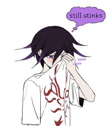 Rule 34 | 1boy, black hair, borrowed clothes, clothes lift, danganronpa (series), danganronpa v3: killing harmony, hand up, highres, looking down, male focus, miri (bossu osu), multicolored hair, oma kokichi, pale skin, pink eyes, purple hair, shirt lift, short sleeves, simple background, solo, spiked hair, thought bubble, two-tone hair, white background