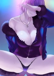 Rule 34 | 1girl, black dress, black footwear, black panties, blue coat, boots, breasts, cleavage, clenched teeth, coat, collarbone, covering own eyes, dress, fate/grand order, fate (series), fur-trimmed coat, fur trim, grey hair, highleg, highleg panties, jeanne d&#039;arc alter (fate), jeanne d&#039;arc alter (ver. shinjuku 1999) (fate), jewelry, knee boots, large breasts, long sleeves, midori aoi, necklace, off shoulder, open clothes, open coat, panties, short dress, short hair, solo, spread legs, squatting, teeth, thighs, underwear