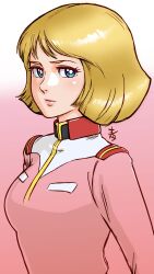Rule 34 | 1girl, absurdres, aobito sukoyaka bystander, blonde hair, blue eyes, breasts, closed mouth, collarbone, commentary, gundam, highres, lips, looking at viewer, medium breasts, military, military uniform, mobile suit gundam, sayla mass, short hair, solo, uniform
