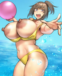 Rule 34 | 1girl, bikini, blush, breasts, breasts out, brown hair, cleavage, curvy, highres, huge breasts, large areolae, looking at viewer, nipples, open mouth, pepe (jonasan), purple eyes, side ponytail, smile, solo, standing, swimsuit, tagme
