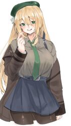 Rule 34 | 1girl, beret, bisaytin, blonde hair, blush, breasts, brown jacket, brown shirt, collared shirt, commentary, cowboy shot, girls&#039; frontline, green eyes, green hat, green necktie, hair between eyes, hat, jacket, large breasts, long hair, m1 garand (girls&#039; frontline), necktie, off shoulder, pantyhose, pleated skirt, shirt, simple background, skirt, smile, solo, very long hair, white background