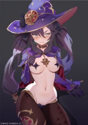 Rule 34 | 1girl, blush, breasts, brown pantyhose, clenched teeth, female pubic hair, genshin impact, gloves, hair ornament, hand up, hat, heart maebari, heart pasties, long hair, long sleeves, looking at viewer, maebari, medium breasts, meme attire, mona (genshin impact), navel, pantyhose, pasties, pubic hair, pubic hair peek, purple hair, revealing clothes, reverse bunnysuit, reverse outfit, shrug (clothing), simao (x x36131422), solo, stomach, tearing up, teeth, twintails, witch hat