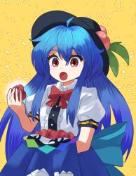 Rule 34 | 1girl, ahoge, animal, animal on head, black headwear, blue hair, blue skirt, bow, bowtie, commentary request, food, fruit, hinanawi tenshi, holding, holding food, holding fruit, long hair, on head, peach hat ornament, plum, plus2sf, red bow, red bowtie, red eyes, shirt, skirt, skirt basket, skirt hold, touhou, very long hair, white shirt