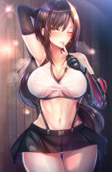 Rule 34 | 1girl, arm behind head, arm up, armpits, bare shoulders, black skirt, blush, breasts, brown hair, cleavage, commentary request, earrings, final fantasy, final fantasy vii, fingerless gloves, fingernails, gloves, highres, index finger raised, jewelry, large breasts, lips, long hair, looking at viewer, miniskirt, navel, nipples, one eye closed, panties, parted lips, red eyes, see-through, shiny skin, sidelocks, silly (marinkomoe), skirt, smile, solo, stomach, suspender skirt, suspenders, sweat, sweatdrop, tank top, thighs, tifa lockhart, underwear, white panties
