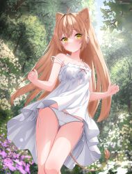 Rule 34 | 1girl, absurdres, ahoge, animal ears, auroraescientia, bare arms, bare shoulders, blush, brown hair, closed mouth, collarbone, commentary, crossed bangs, dress, frilled dress, frills, highres, indie virtual youtuber, lion ears, lion girl, lion tail, long hair, looking at viewer, outdoors, panties, pantyshot, rurudo lion, rurudo lion (1st costume), side-tie panties, sidelocks, sleeveless, sleeveless dress, solo, strap slip, sundress, symbol-only commentary, tail, thigh gap, thighs, tree, twitter username, underwear, virtual youtuber, white dress, white panties, yellow eyes