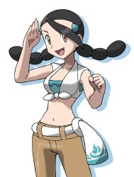 Rule 34 | 1girl, alternate color, alternate costume, bad id, bad twitter id, belt, black hair, braid, breasts, brown eyes, brown pants, candice (pokemon), clenched hand, collarbone, cosplay, cowboy shot, creatures (company), crop top, drop shadow, female focus, flannery (pokemon), flannery (pokemon) (cosplay), game freak, gym leader, hair tie, hands up, happy, jpeg artifacts, long hair, looking at viewer, medium breasts, midriff, multi-tied hair, navel, nintendo, open mouth, pants, pokemon, pokemon dppt, pokemon oras, shirt, short sleeves, simple background, smile, solo, standing, tellzeta, twin braids, twintails, white background, white shirt, yellow eyes