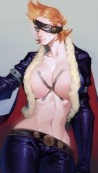 Rule 34 | 1girl, absurdres, belt, black jacket, black pants, blue eyes, breasts, cape, closed mouth, commentary, eye mask, eyelashes, fur-trimmed jacket, fur trim, genderswap, genderswap (mtf), grey background, highres, jacket, joie (oe08 xx), large breasts, latex pants, long sleeves, navel, one piece, open clothes, open jacket, orange hair, pants, scar, scar on chin, scar on face, short hair, solo, x drake