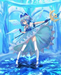 Rule 34 | 1girl, absurdres, ahoge, blue dress, blue eyes, blue hair, bow, cirno, dress, full body, gloves, hair bow, highres, holding, ice, ice wings, kaze 22, puffy short sleeves, puffy sleeves, red ribbon, ribbon, shoes, short hair, short sleeves, solo, standing, thighhighs, touhou, white thighhighs, wings