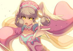 Rule 34 | 1girl, blue eyes, breasts, cape, curly hair, dress, enni, gloves, hat, head wings, highres, juliet sleeves, long hair, long sleeves, looking at viewer, magic, medium breasts, melia antiqua, o-ring, puffy sleeves, short dress, silver hair, simple background, solo, staff, thighhighs, upper body, white background, wings, xenoblade chronicles (series), xenoblade chronicles 1