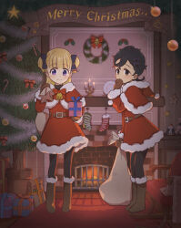 2girls bag black_hair black_leggings blonde_hair brown_footwear candy candy_cane child christmas_tree emilico_(shadows_house) english_text fireplace food gift gloves hato_no12 highres holding holding_bag holding_gift leggings long_hair multiple_girls purple_eyes ram_(shadows_house) santa_costume shadows_house short_hair smile