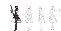 Rule 34 | armor, black footwear, black gloves, black hair, coat, concept art, f (senjuushi), from behind, full body, fur collar, gas mask, gloves, gun, hand on own hip, hand up, highres, holding, holding gun, holding weapon, majiro (mazurka), male focus, mask, multicolored hair, multiple views, necktie, official art, pink hair, senjuushi: the thousand noble musketeers, senjuushi (series), short hair, shoulder armor, standing, streaked hair, thighlet, transparent background, turnaround, weapon