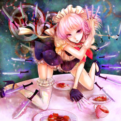 Rule 34 | 1girl, arched back, arm support, asymmetrical gloves, between fingers, black gloves, braid, clona, commentary request, cup, cupcake, expressionless, fate (series), food, frilled skirt, frills, fruit, garter straps, gears, gloves, gradient background, head tilt, heterochromia, holding, holding knife, izayoi sakuya, kneeling, knife, knives between fingers, lace, lace-trimmed legwear, lace trim, leaning forward, looking at viewer, maid headdress, mismatched gloves, necktie, on table, petals, plate, puffy sleeves, purple eyes, purple hair, shoes, short sleeves, single thighhigh, skirt, solo, spread legs, strawberry, sweets, table, tea, teacup, thighhighs, throwing knife, touhou, unlimited blade works (fate), weapon, white gloves, white thighhighs, zettai ryouiki