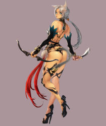 Rule 34 | 1girl, animal ears, aqua eyes, ass, bare shoulders, bow (weapon), bridal gauntlets, dagger, dual wielding, from behind, full body, high heels, highres, holding, kazakami yuu, kneepits, knife, long hair, looking back, original, ponytail, shoes, silver hair, simple background, skinny, slender, solo, tail, weapon