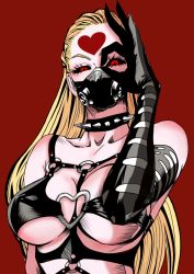 Rule 34 | 1girl, arms up, bats (rttd2847), bdsm, belt, black gloves, blonde hair, bondage, bondage outfit, bound, breasts, collar, elbow gloves, gloves, kaijin hime do-s, long hair, looking at viewer, mask, one-punch man, red background, red eyes, simple background, solo, upper body