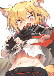 Rule 34 | animal ear fluff, animal ears, arknights, armpits, bandaged arm, bandages, cape, crop top, crop top overhang, earrings, tooth necklace, fox ears, fox girl, fox tail, highres, hood, hooded cape, jewelry, mechanical arms, midriff, mitake eil, multiple earrings, navel, notched ear, poncho, prosthesis, prosthetic arm, single mechanical arm, solo, tail, vermeil (arknights)