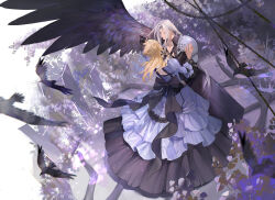 Rule 34 | 2boys, animal, armor, back bow, ballroom dancing, bird, black bow, black coat, black gloves, black ribbon, black trim, black wings, blonde hair, blue dress, bow, bracer, bush, chest harness, cloud strife, coat, collar, crow, dancing, dress, final fantasy, final fantasy vii, foliage, forest, frilled collar, frilled dress, frilled sleeves, frills, gloves, grey hair, hand on another&#039;s shoulder, hand on another&#039;s waist, harness, highres, holding hands, leaf, long bangs, long coat, long dress, long hair, male focus, messy hair, multiple boys, nature, open clothes, open coat, pauldrons, plant, purple background, ribbon, scenery, sephiroth, shoulder armor, single wing, thorns, tree, tree shade, vines, wings, xianyu314