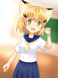 Rule 34 | 10s, alternate costume, animal ears, bad id, bad pixiv id, blonde hair, bracelet, cat ears, clenched hand, commentary request, contemporary, cowboy shot, green eyes, highres, jewelry, kemono friends, multicolored hair, neckerchief, pleated skirt, sand cat (kemono friends), school uniform, serafuku, shiraha maru, short hair, short sleeves, skirt, solo