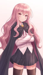 Rule 34 | 1girl, black cape, black skirt, blush, bolo tie, bright pupils, brown thighhighs, cape, closed mouth, collared shirt, commentary, crossed arms, frown, hair between eyes, highres, long hair, long sleeves, looking at viewer, louise francoise le blanc de la valliere, necktie, pink eyes, pink hair, pleated skirt, red necktie, seungju lee, shirt, sidelocks, simple background, skirt, solo, standing, thighhighs, v-shaped eyebrows, very long hair, wavy hair, white background, white shirt, zero no tsukaima, zettai ryouiki