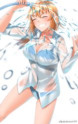 Rule 34 | 1girl, artist name, blue bra, blue panties, blush, bra, breasts, charlotte e. yeager, closed eyes, collarbone, grin, highres, hiroshi (hunter-of-kct), hose, large breasts, long hair, orange hair, panties, parted lips, see-through, shirt, simple background, smile, solo, strike witches, teeth, underwear, wet, wet clothes, white background, white shirt, world witches series