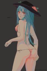 Rule 34 | 1girl, ass, ass grab, bikini, black headwear, blue hair, blush, breasts, commentary, cowboy shot, english commentary, english text, from behind, grabbing own ass, grey background, highres, hinanawi tenshi, leaf hat ornament, long hair, looking at viewer, peach hat ornament, red bikini, red eyes, side-tie bikini bottom, simple background, small breasts, string bikini, svveetberry, sweatdrop, swimsuit, toonio (medium), touhou