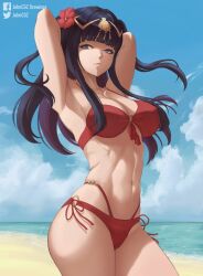 Rule 34 | 1girl, arms up, bikini, black hair, blunt bangs, breasts, cleavage, fire emblem, fire emblem awakening, fire emblem heroes, flower, hair flower, hair ornament, highres, johncgz, large breasts, looking at viewer, navel, nintendo, o-ring, o-ring bikini, official alternate costume, red bikini, solo, swimsuit, tharja (fire emblem), tharja (summer) (fire emblem)