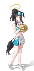 Rule 34 | 1girl, absurdres, animal ears, bare shoulders, beanowl, black hair, blue archive, blunt bangs, blush, breasts, cheerleader, cleavage, collarbone, crop top, dog ears, dog girl, dog tail, eyewear on head, full body, halo, hibiki (blue archive), hibiki (cheer squad) (blue archive), highres, holding, holding pom poms, long hair, looking at viewer, medium breasts, midriff, millennium cheerleader outfit (blue archive), miniskirt, navel, official alternate costume, pleated skirt, pom pom (cheerleading), pom poms, purple eyes, shoes, sidelocks, simple background, skirt, sleeveless, sneakers, solo, standing, star sticker, sticker on arm, sticker on face, stomach, tail, text print, thighs, white background, white footwear, white skirt, yellow halo