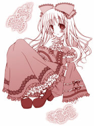 Rule 34 | 1girl, dress, hair ribbon, long hair, monochrome, original, pink theme, ribbon, sitting, solo, tsuchinoko. (froufrou)