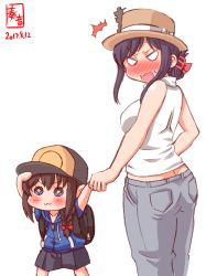 Rule 34 | 10s, 2girls, :3, ^^^, aged down, ahoge, alternate costume, ass, bare shoulders, black hair, blush, braid, breasts, butt crack, commentary request, dated, embarrassed, hair over shoulder, hat, headgear, highres, holding hands, kanon (kurogane knights), kantai collection, large breasts, long hair, multiple girls, shigure (kancolle), signature, simple background, single braid, sparkle, sweatdrop, symbol-shaped pupils, white background, yamashiro (kancolle)