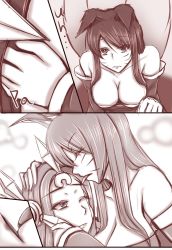 Rule 34 | 2girls, ahri (league of legends), animal ears, armor, bad id, bad pixiv id, breasts, cleavage, collarbone, downblouse, closed eyes, fox ears, fox girl, fox tail, full armor, hair between eyes, hand on another&#039;s face, hand on another&#039;s head, highres, large breasts, league of legends, leaning forward, leona (league of legends), licking injury, long hair, looking at another, monochrome, multiple girls, multiple tails, off shoulder, oldlim, one eye closed, sepia, tail, yuri