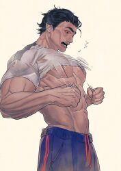 Rule 34 | 1boy, abs, bara, bare pectorals, black hair, blue pants, clothes lift, k5verse, large pectorals, male focus, marvel, miguel o&#039;hara, muscular, muscular male, navel, pants, pectorals, shirt, shirt lift, short hair, solo, spider-man: across the spider-verse, spider-man (series), spider-verse, white shirt