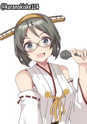 Rule 34 | 1girl, absurdres, black hair, detached sleeves, glasses, green-framed eyewear, grey eyes, hairband, headgear, highres, japanese clothes, kantai collection, kirishima (kancolle), kurano kisuke, microphone, nontraditional miko, one-hour drawing challenge, ribbon-trimmed sleeves, ribbon trim, sarashi, short hair, simple background, solo, twitter username, upper body, white background
