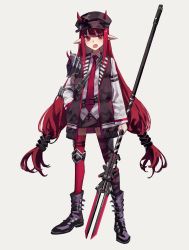 Rule 34 | 1girl, absurdres, arknights, black footwear, black skirt, black vest, boots, collared shirt, fang, full body, grey background, highres, holding, holding polearm, holding weapon, horns, horns through headwear, long hair, low-tied long hair, low twintails, necktie, open mouth, pointy ears, polearm, red eyes, red hair, red necktie, red thighhighs, shirt, shoulder guard, sidelocks, simple background, skirt, solo, standing, tachi-e, thighhighs, twintails, very long hair, vest, vigna (arknights), weapon, white shirt, yoon cook