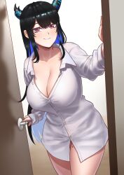 Rule 34 | 1girl, asymmetrical horns, black hair, blue hair, breasts, cipher4109, cleavage, closed mouth, collarbone, collared shirt, colored inner hair, demon horns, doorway, hand up, highres, hololive, hololive english, horns, large breasts, long hair, looking at viewer, mole, mole on thigh, mole under eye, multicolored hair, nerissa ravencroft, no pants, opening door, partially unbuttoned, pov doorway, purple eyes, shirt, smile, solo, thighs, two-tone hair, uneven horns, very long hair, virtual youtuber, white shirt