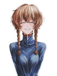Rule 34 | 1girl, absurdres, amane suzuha, arms behind back, artist request, blue jacket, blush, braid, breasts, closed eyes, eyelashes, grin, high collar, highres, jacket, koha (hlrqkqwd 2652), long hair, medium breasts, messy hair, simple background, smile, solo, steins;gate, track jacket, track suit, twin braids, upper body, white background, zipper
