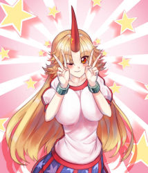 Rule 34 | 1girl, ;), bad deviantart id, bad id, blonde hair, blue skirt, blush, breasts, double v, horns, hoshiguma yuugi, large breasts, long hair, looking at viewer, one eye closed, oni, oni horns, red eyes, red horns, short sleeves, simple background, single horn, skirt, smile, solo, star (symbol), starry background, sunnysideup, touhou, upper body, v