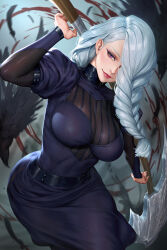 Rule 34 | 1girl, axe, belt, bird, black belt, black dress, black feathers, blurry, blurry background, braid, braided bangs, braided ponytail, breasts, cleavage, closed mouth, crow, dress, eyelashes, feathers, grey hair, hair over face, hair over one eye, highres, holding, holding axe, holding weapon, jujutsu kaisen, jujutsu tech uniform, juliet sleeves, large breasts, lips, long braid, long hair, long sleeves, looking at viewer, mei mei (jujutsu kaisen), neoartcore, one eye covered, patreon username, puffy short sleeves, puffy sleeves, purple eyes, red lips, see-through, see-through cleavage, short sleeves, smile, solo, tight clothes, tight dress, turtleneck dress, weapon, white hair