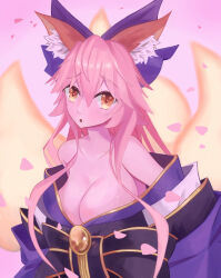 Rule 34 | 1girl, animal ear fluff, animal ears, artist request, blue kimono, blue ribbon, blush, bow, breasts, cleavage, collarbone, fate/grand order, fate (series), fox ears, fox girl, fox tail, glowing tail, hair ribbon, highres, japanese clothes, kimono, large breasts, long hair, looking at viewer, multiple tails, off shoulder, open mouth, petals, pink background, pink hair, ribbon, simple background, solo, split ponytail, tail, tamamo (fate), tamamo no mae (fate/extra), tamamo no mae (third ascension) (fate), very long hair, yellow eyes