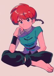 1girl barefoot blue_eyes braid braided_ponytail breasts closed_mouth feet highres menma_(enaic31) on_floor ranma-chan ranma_1/2 red_hair simple_background small_breasts solo twitter_username