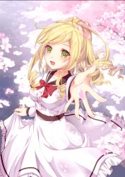 Rule 34 | 1girl, :d, angelia, angelia carlos, blonde hair, bow, cannian dada, day, dress, green eyes, hand up, highres, long hair, looking at viewer, open mouth, outdoors, outstretched hand, red bow, sdorica, sidelocks, skirt hold, smile, solo, standing, white dress