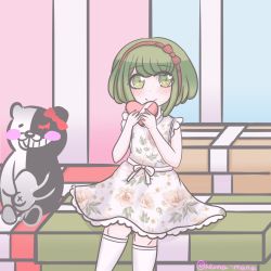 Rule 34 | 1girl, alternate costume, blush, bow, box, candy, child, chocolate, chocolate heart, danganronpa (series), danganronpa another episode: ultra despair girls, dress, eyebrows, female focus, floral dress, floral print, food, frilled dress, frills, gift, green hair, hair bow, hair ribbon, hairband, hands up, headband, heart, heart-shaped box, highres, holding, holding chocolate, holding food, holding gift, keixcchi, looking at viewer, monokuma, package, red bow, red hairband, red headband, red headwear, red ribbon, ribbon, simple background, smile, solo, standing, swastika, towa monaca, valentine, valentine chocolate, white bow, white dress, white footwear