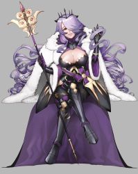 Rule 34 | 1girl, alex (cerealex), breasts, camilla (fire emblem), cape, cleavage, crossed legs, female focus, fire emblem, fire emblem fates, fire emblem heroes, full body, fur trim, grey background, hair over one eye, highres, holding, holding staff, large breasts, long hair, nintendo, official alternate costume, parted lips, purple hair, simple background, sitting, smile, solo, staff