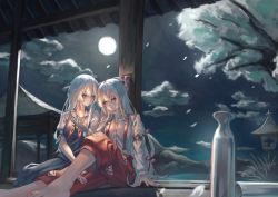 Rule 34 | 2girls, absurdres, arm strap, bad id, bad twitter id, barefoot, blue dress, blush, bottle, bow, closed mouth, cloud, commentary request, dress, fire, fire, foot out of frame, fujiwara no mokou, full moon, hair bow, hand on ground, highres, hitosetugetu, kamishirasawa keine, long hair, long sleeves, moon, mountain, multiple girls, nail polish, neckerchief, night, no headwear, pants, pinafore dress, porch, pyrokinesis, red bow, red nails, red neckerchief, red pants, short sleeves, shoulder-to-shoulder, sitting, sleeveless dress, smile, suspenders, toenail polish, toenails, touhou, tree, two-tone bow, white bow