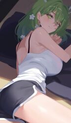 Rule 34 | 1girl, absurdres, breasts, camisole, ceres fauna, cho 913, dolphin shorts, earrings, flower, green hair, hair flower, hair ornament, highres, hololive, hololive english, jewelry, large breasts, long hair, lying, mole, mole under eye, on side, shorts, virtual youtuber, white camisole, yellow eyes