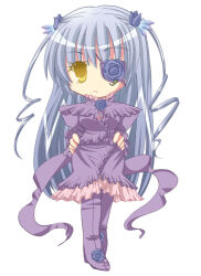 Rule 34 | 1girl, barasuishou, blue flower, blue tulip, boots, breasts, chibi, closed mouth, commentary request, crossed legs, crystal hair ornament, expressionless, flower, flower eyepatch, frilled shirt, frilled skirt, frills, full body, grey hair, hair flower, hair ornament, hands on own hips, juliet sleeves, lolita fashion, long hair, long sleeves, looking at viewer, medium bangs, medium breasts, morinaga hinase, puffy sleeves, purple flower, purple footwear, purple rose, purple shirt, purple skirt, rose, rozen maiden, shirt, simple background, skirt, solo, standing, thigh boots, tulip, very long hair, watson cross, white background, yellow eyes