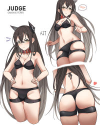 Rule 34 | 1girl, ark john up, ass, bare arms, bare shoulders, black bra, blush, bra, breasts, brown eyes, brown hair, buckle, character name, cleavage, closed mouth, collar, collarbone, commentary, english commentary, girls&#039; frontline, groin, hands on own hips, headgear, heart, judge (girls&#039; frontline), long hair, medium breasts, multiple views, navel, simple background, skindentation, spoken blush, stomach, underwear, underwear only, v-shaped eyebrows, very long hair, white background