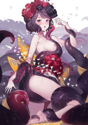 Rule 34 | 1girl, bare legs, bare shoulders, barefoot, black kimono, breasts, duan henglong, fate/grand order, fate (series), hair bun, hair ornament, hairpin, highres, japanese clothes, katsushika hokusai (fate), kimono, nipples, obi, octopus, off shoulder, purple eyes, purple hair, restrained, sash, short hair, single hair bun, slime (substance), small breasts, solo, suction cups, tentacles, tongue, tongue out
