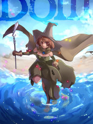 Rule 34 | beach, brown hair, cape, chunsoft, copyright name, day, dragon quest, dragon quest iii, dress, earrings, elbow gloves, enix, gloves, hat, inuinui, jewelry, mage (dq3), outdoors, red eyes, short hair, sky, solo, staff, water, witch hat